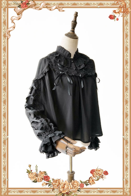 Infanta - Warm Tea - Cute Ribbon Long Sleeves Cotton Blouse