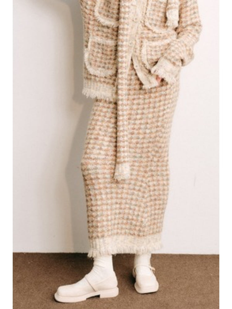 Knitted Fringe Cardigan Jacket With Stole ＆ Long Skirt【s0000003854】