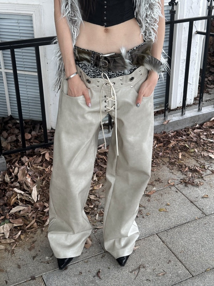 Leopard Pattern Splicing Leather Wide Pants【s0000004171】