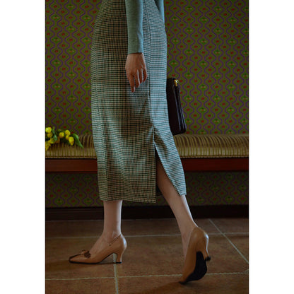 Blue-green houndstooth tweed tube skirt