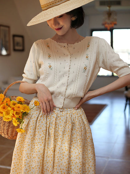 Ivory Flower Embroidered Knit Cardigan