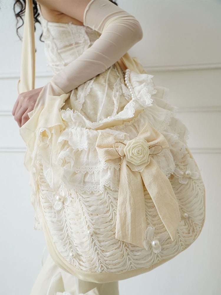 Bead & Butterfly Bowknot Canvas Ruffle Trim Crossbody Bag【s0000008158】