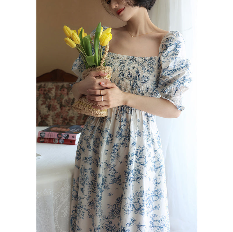 Blue indigo flower pattern retro dress