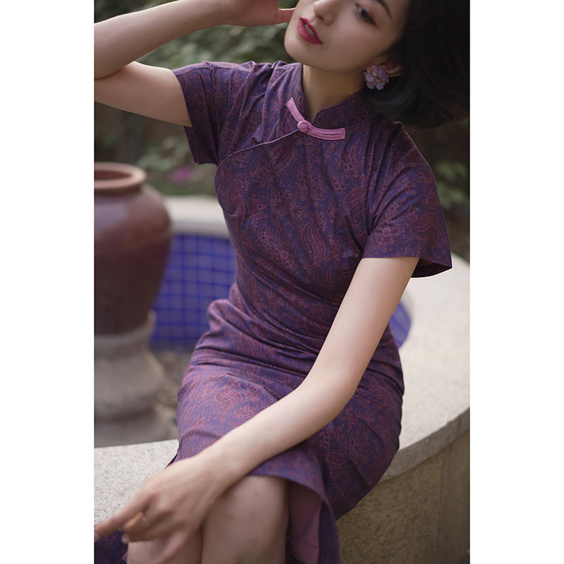 purple floral cheongsam dress