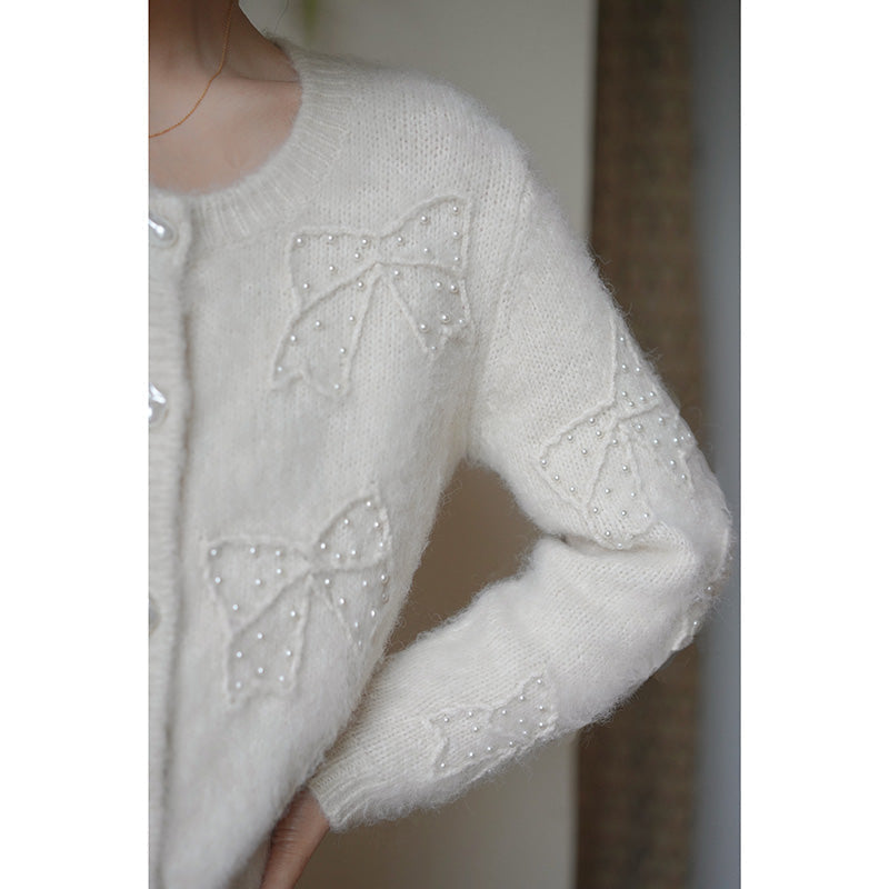 Embroidered mohair cardigan with bow