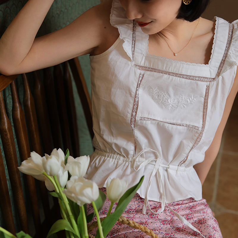 White Thread Embroidered Vintage Tops