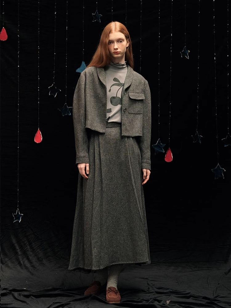 Tweed short jacket long pleated skirt suit【s0000005940】