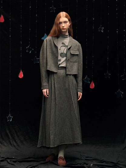 Tweed short jacket long pleated skirt suit【s0000005940】