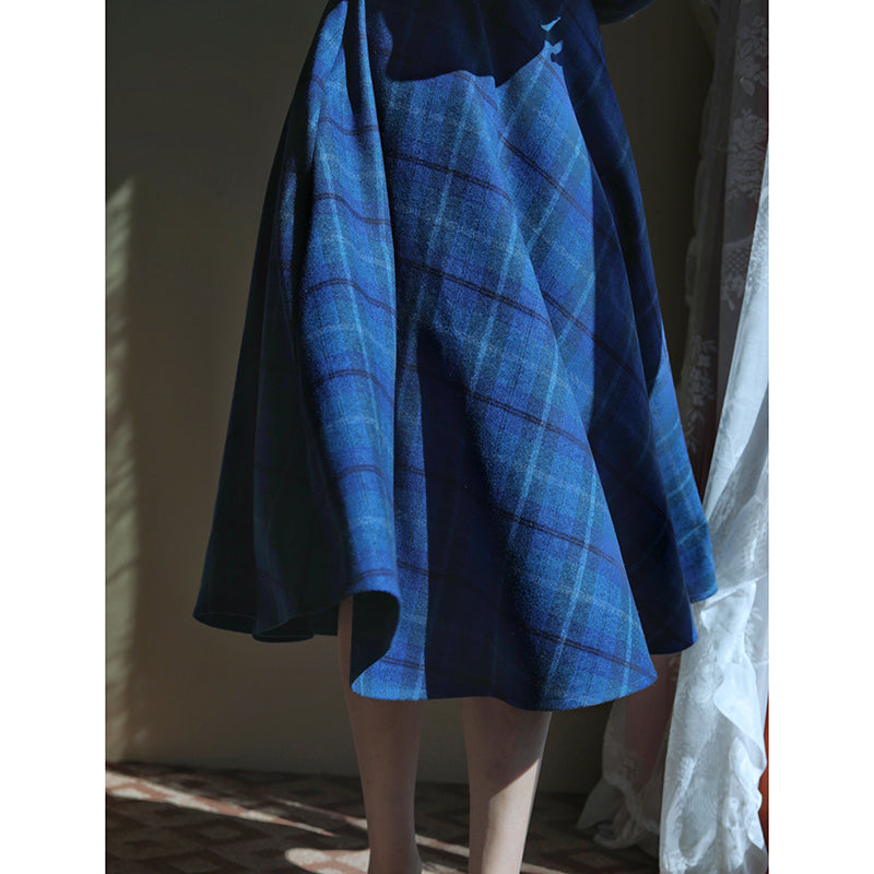 Blue Indigo Checkered Umbrella Skirt