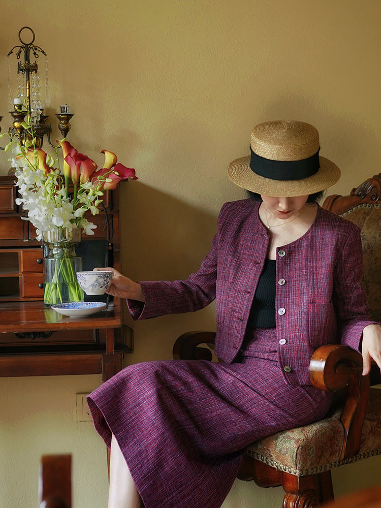 Blue-purple lady tweed jacket and classical skirt