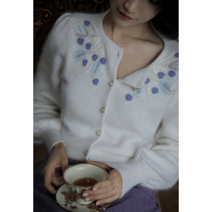 blue flower embroidery knit cardigan