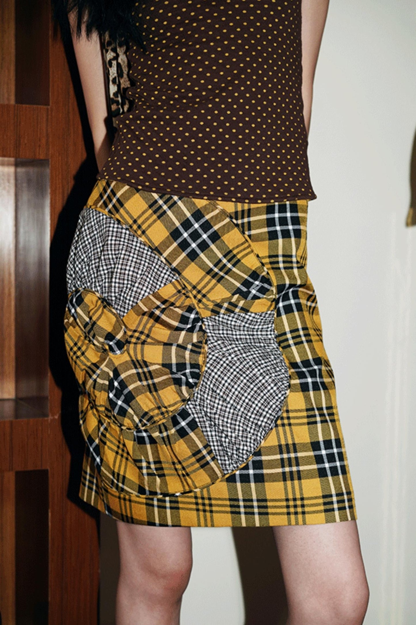 Retro Plaid Contrast Color Twisted Skirt