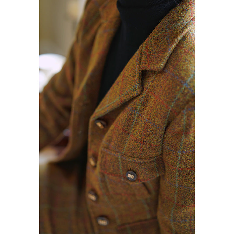 Gray-yellow-green plaid tweed jacket and tweed skirt