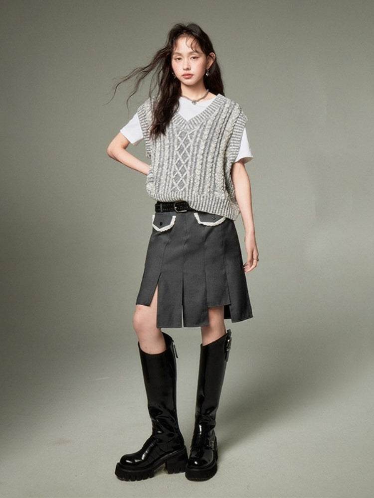 College Girl Style Irregular Hem Pleated Skirt【s0000003196】