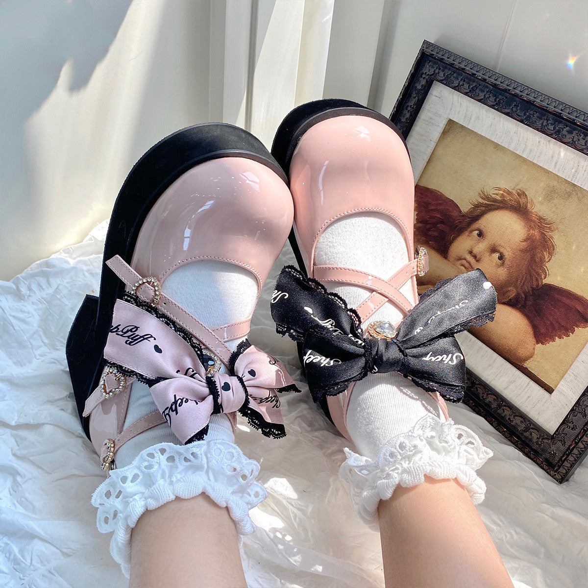 Sheep Puff - Black Pink Japanese Lolita Thick Heel Shoes