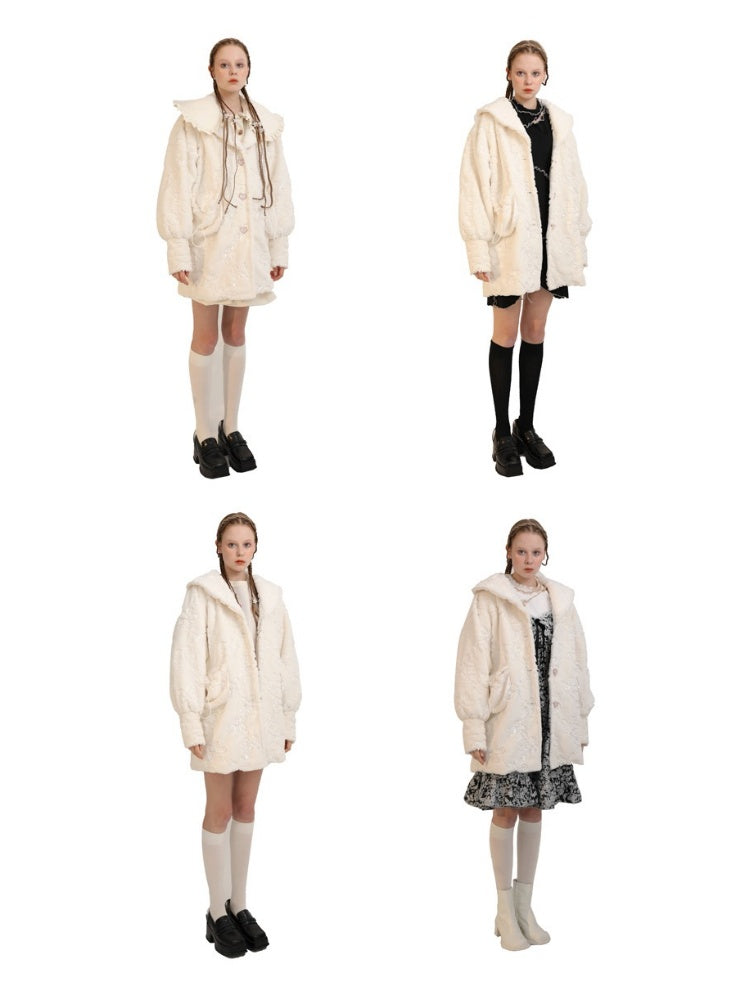 Embroidery Flower Lace Faux Fur Long Coat【s0000003855】