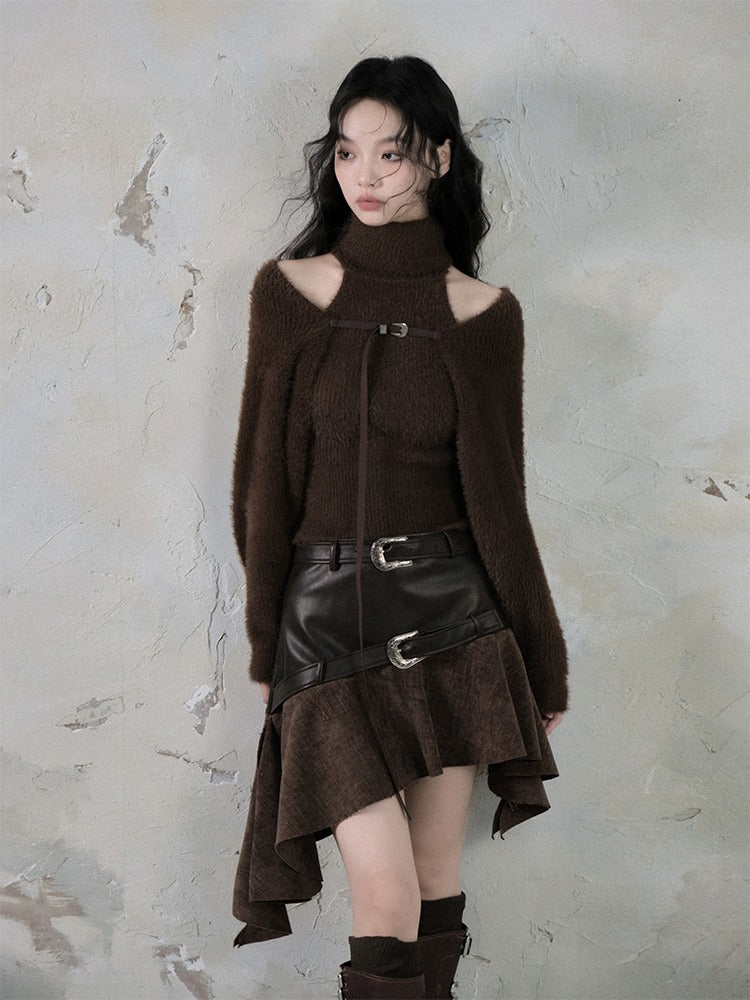 Belt Accent Irregular PU Leather Switching Mini Skirt【s0000004401】
