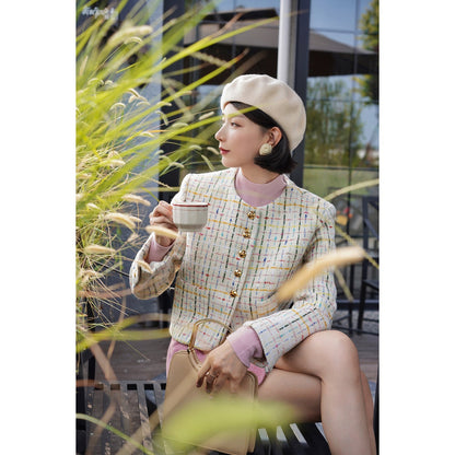 Colorful embroidered tweed short jacket