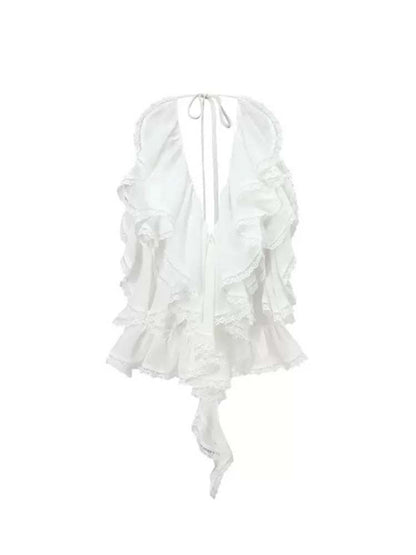 Halter Neck Ruffle Lace Backless Tops【s0000009159】