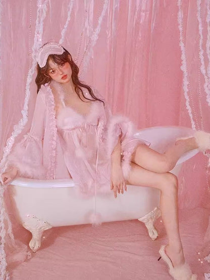 Sexy Pajamas Pink Halter Dress Robe Set【s0000006583】