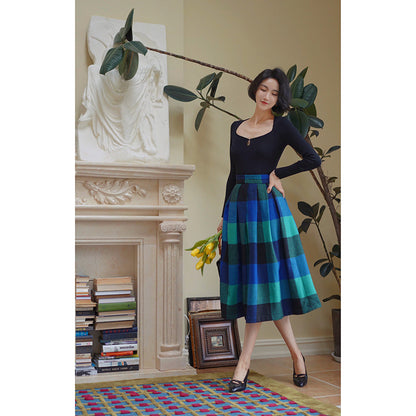 Indigo Green Plaid Retro Umbrella Skirt