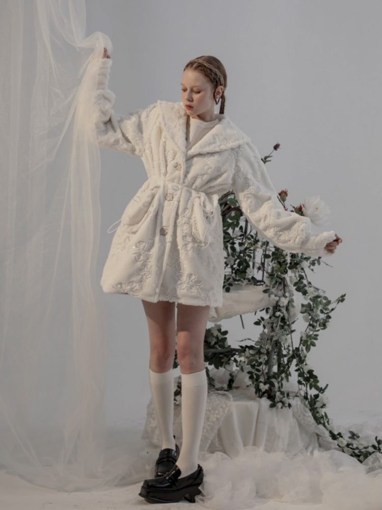 Embroidery Flower Lace Faux Fur Long Coat【s0000003855】