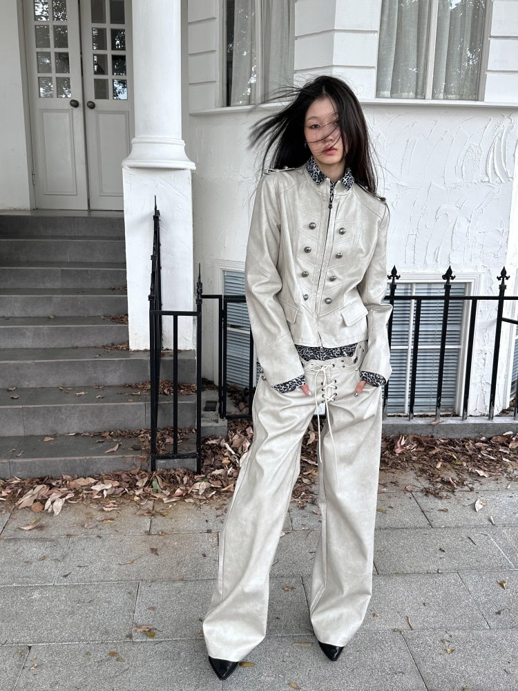 Leopard Pattern Splicing Leather Jacket & Wide Pants【s0000004172】