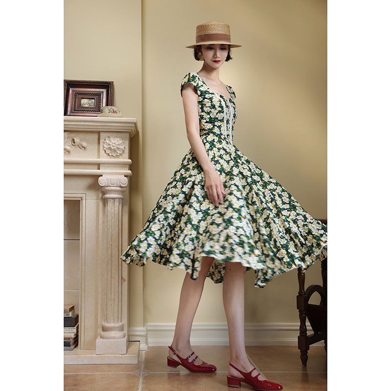 Dark Green Flower Crowd Hepburn Dress