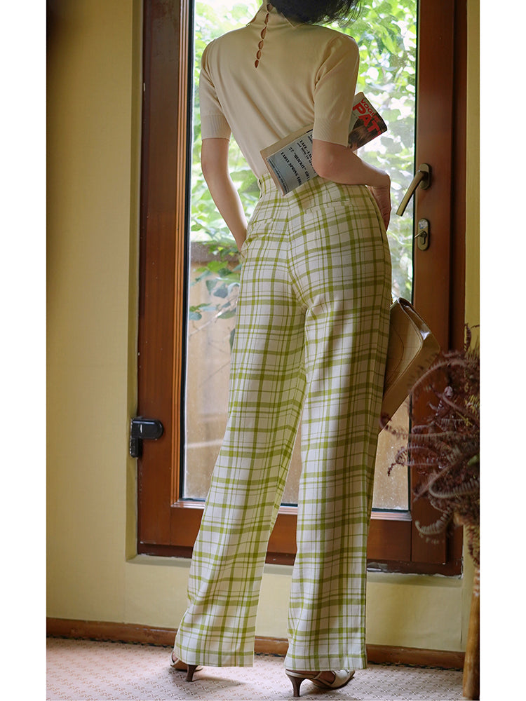 Yellow-green plaid wide-leg pants