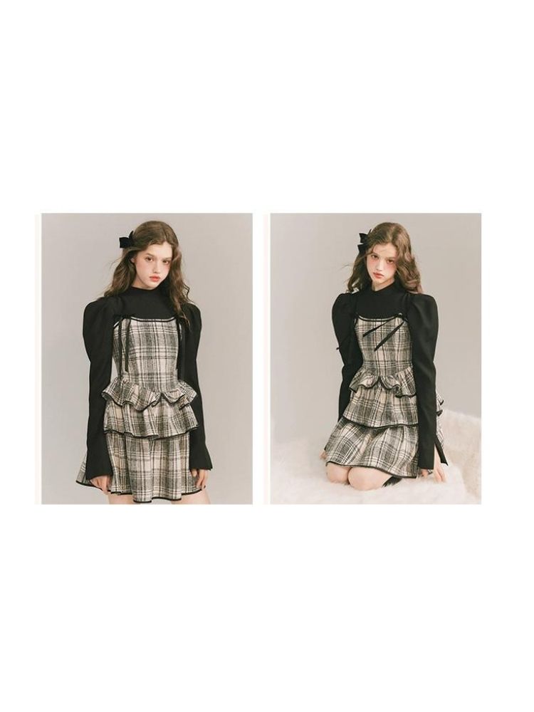 Plaid Cake Skirt Fake Two Piece Dress【s0000003231】