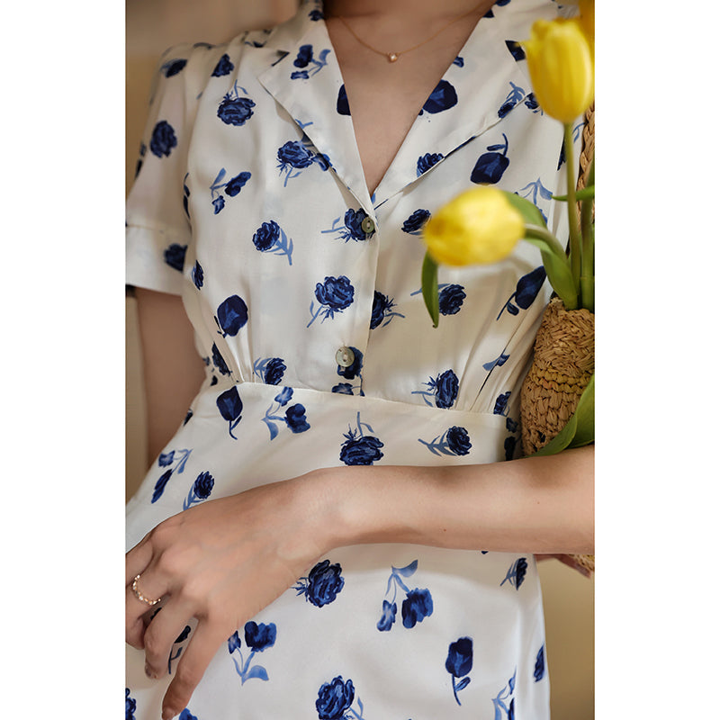 Ultramarine Rose Pattern Retro Dress