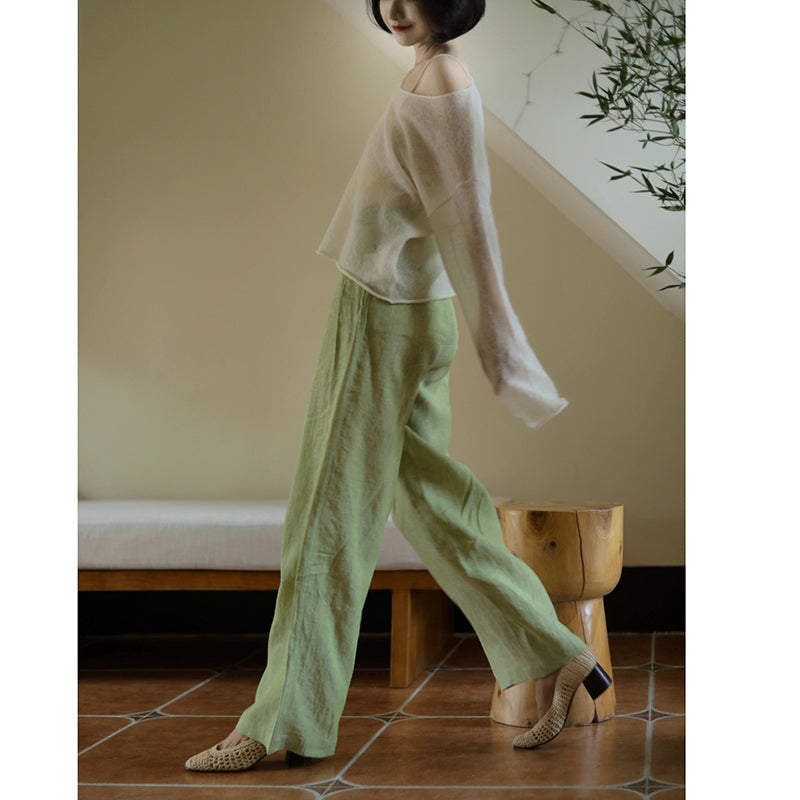 Yellow Light Green Lady Wide Leg Linen Pants