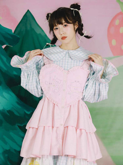 Cat Embroidery Drawstring Heart Layered Apron Dress【s0000007762】