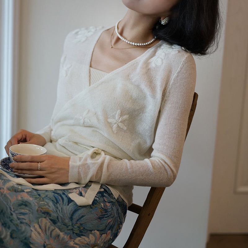 Floral embroidery white knit cardigan