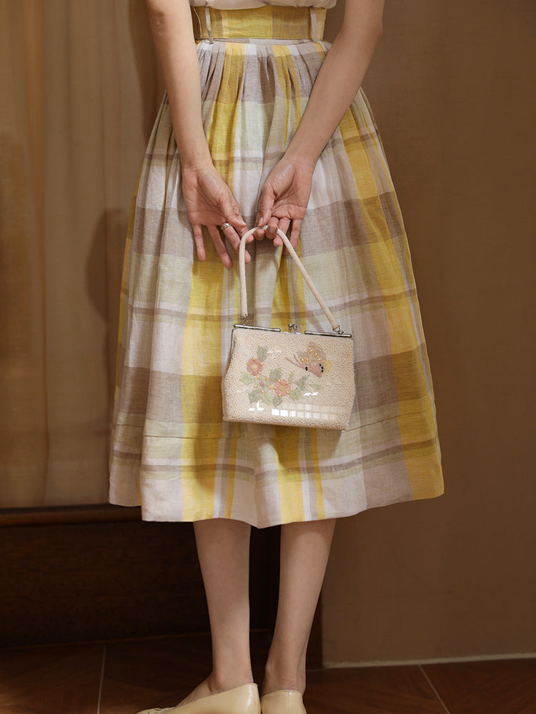 Pale yellow plaid retro umbrella skirt