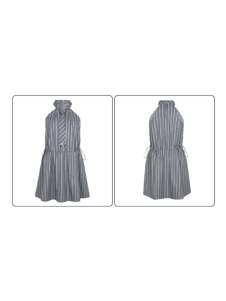 Halter Neck Tie Sleeveless Striped A-Line Dress【s0000008090】