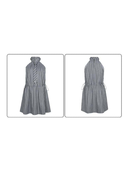 Halter Neck Tie Sleeveless Striped A-Line Dress【s0000008090】