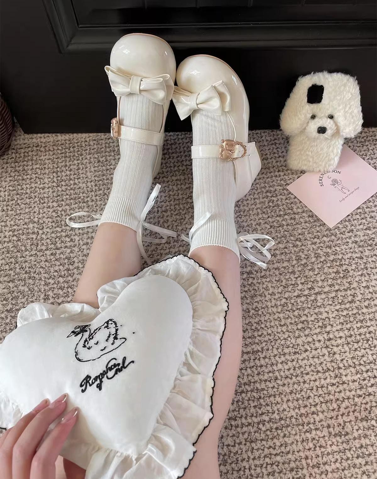 Sheep Puff - Hug Bear - Sweet Lolita Heel Shoes Bear Metal Buckle Bow Shoes