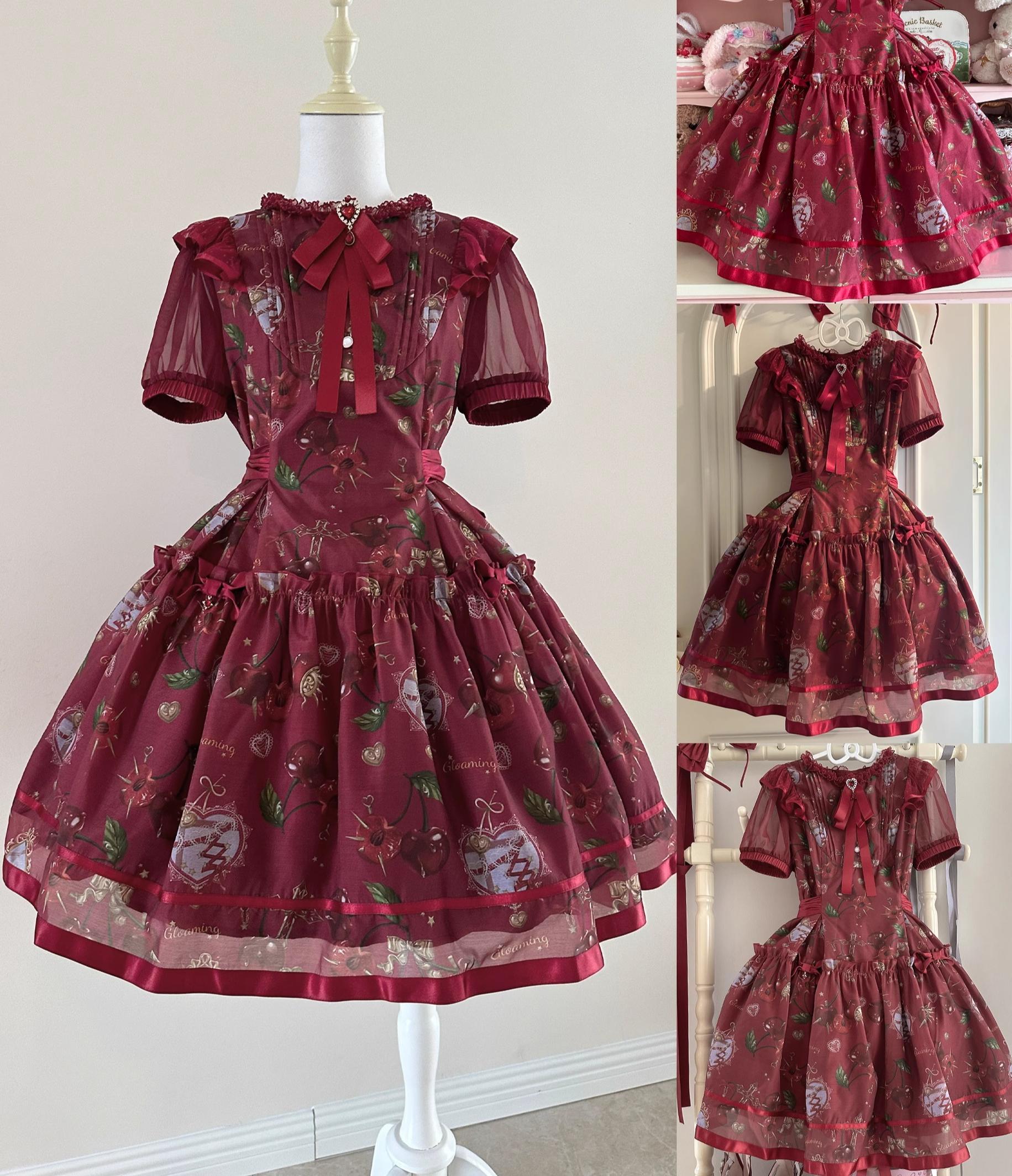 Gloaming - Sweet Lolita Cherry print Short Sleeve OP and SK Set