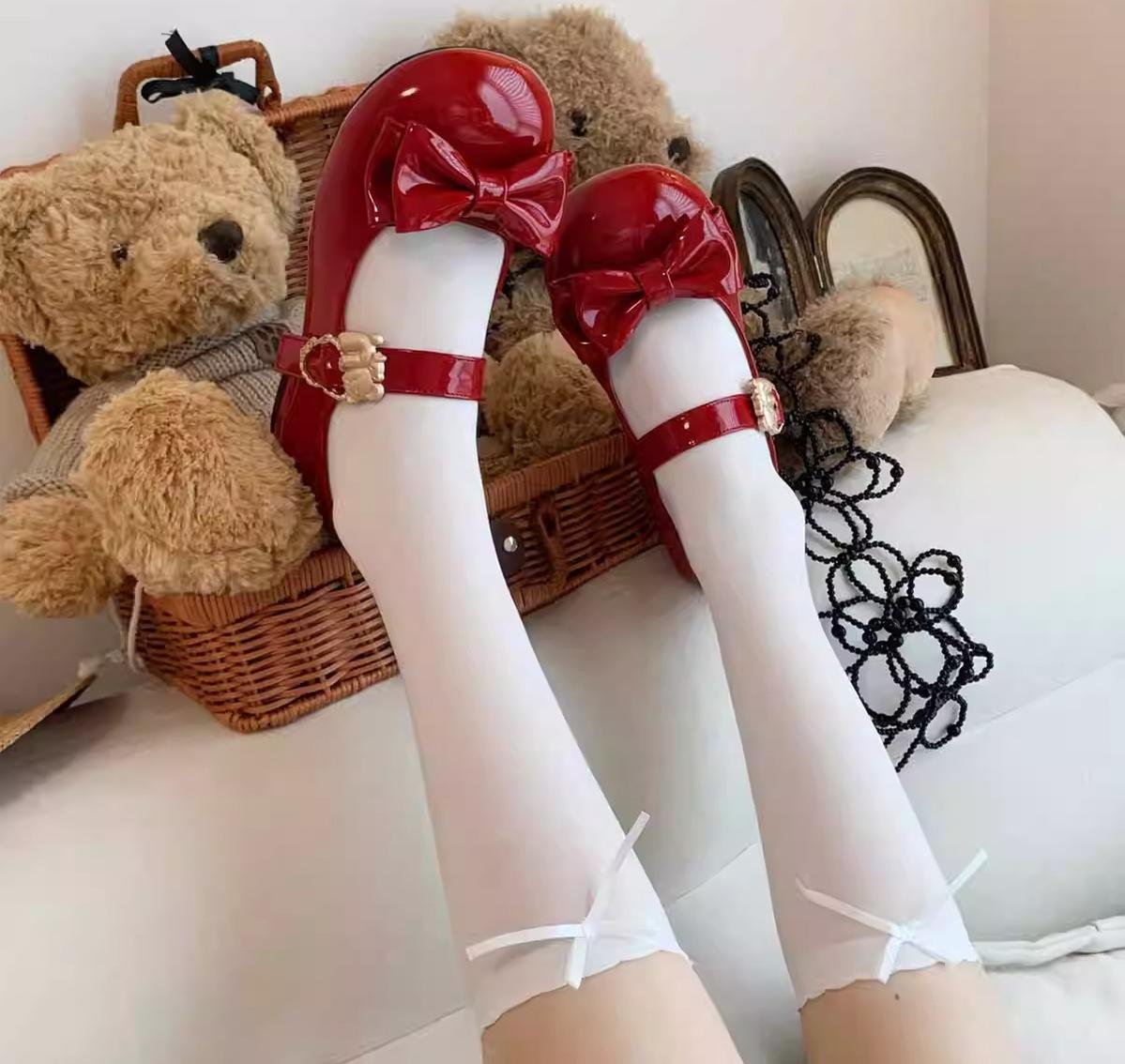Sheep Puff - Hug Bear - Sweet Lolita Heel Shoes Bear Metal Buckle Bow Shoes