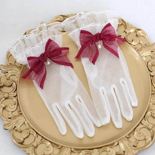 Xiaogui - Elegant Lolita Bow Gloves Retro Lolita Lace Glove