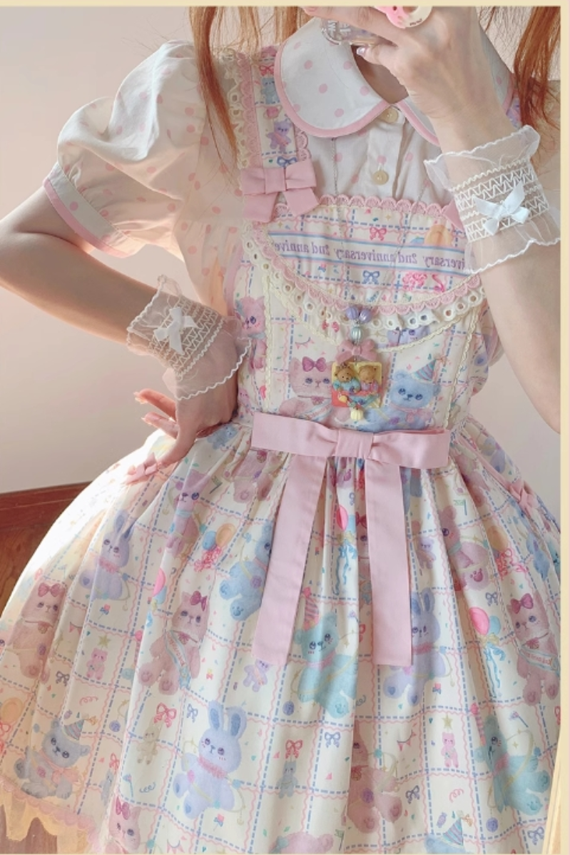 RichLolita - Starry Pudding Bear - Sweet Lolita Jumper Dress Printed OP Dress