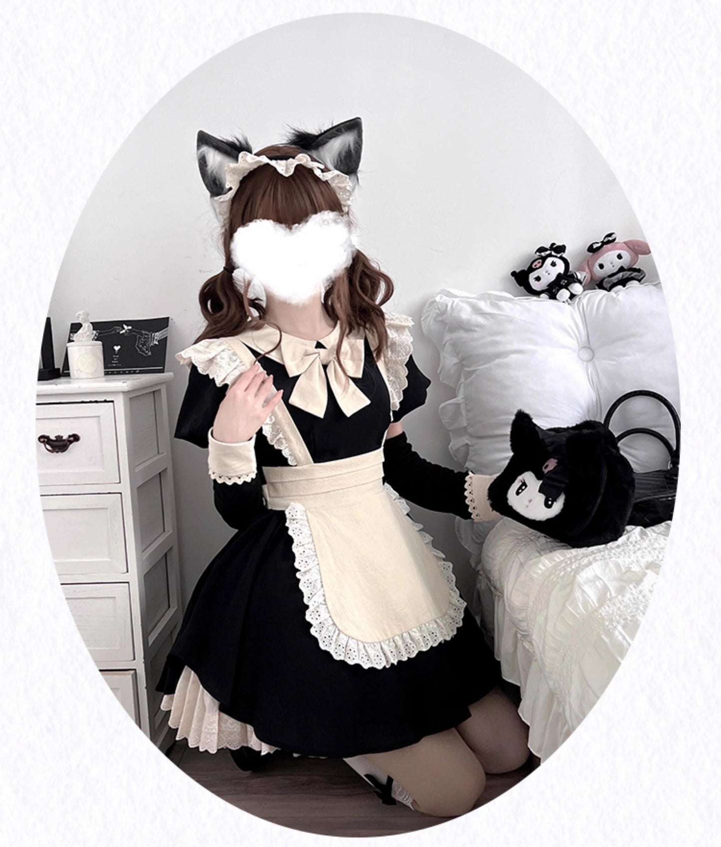 With PUJI - Kiss Kiss - Vintage Lolita OP Dress Maid Lolita Apron Dress