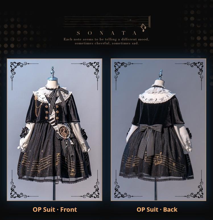 Forest Fluorescent Carps - Black and White Sonata - Ouji Lolita Vest Suit and Vintage Lolita OP Dress