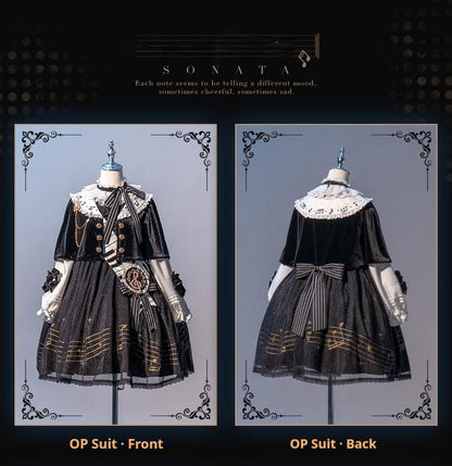 Forest Fluorescent Carps - Black and White Sonata - Ouji Lolita Vest Suit and Vintage Lolita OP Dress