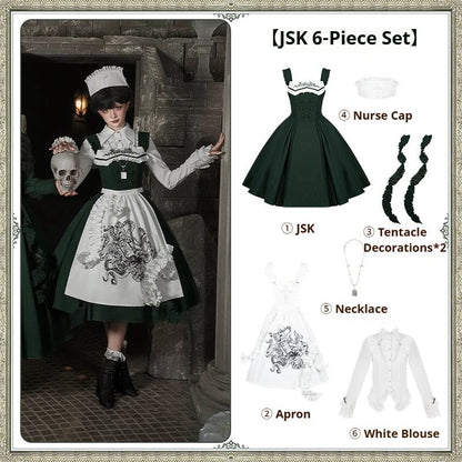 With PUJI - Letter and Poetry ﾂｷ Abyss Clinic - Gothic Lolita Green Dress Set