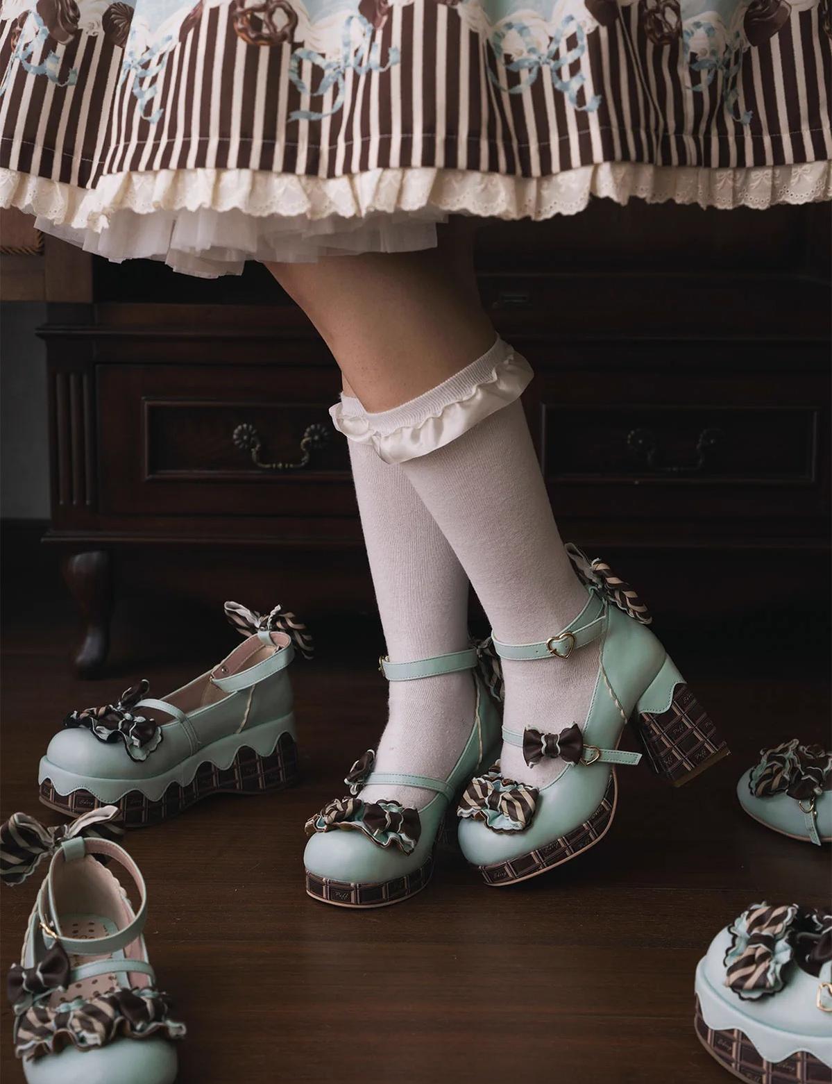 Sheep Puff - Layered Pastry - Sweet Lolita High Heel Shoes Chocolate Prints Shoes