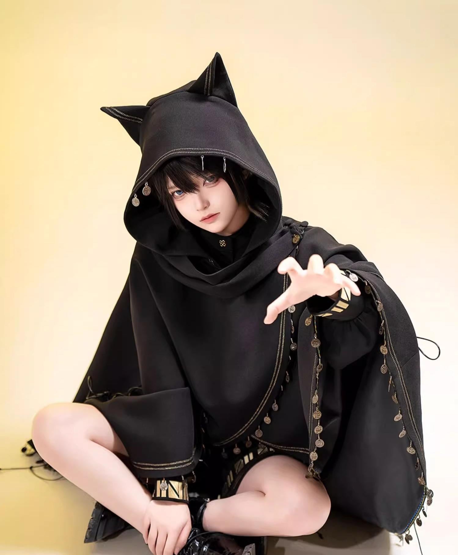Princess Chronicles - Black Cat - Black Ouji Lolita Cape with Cool Cat Ear Hood