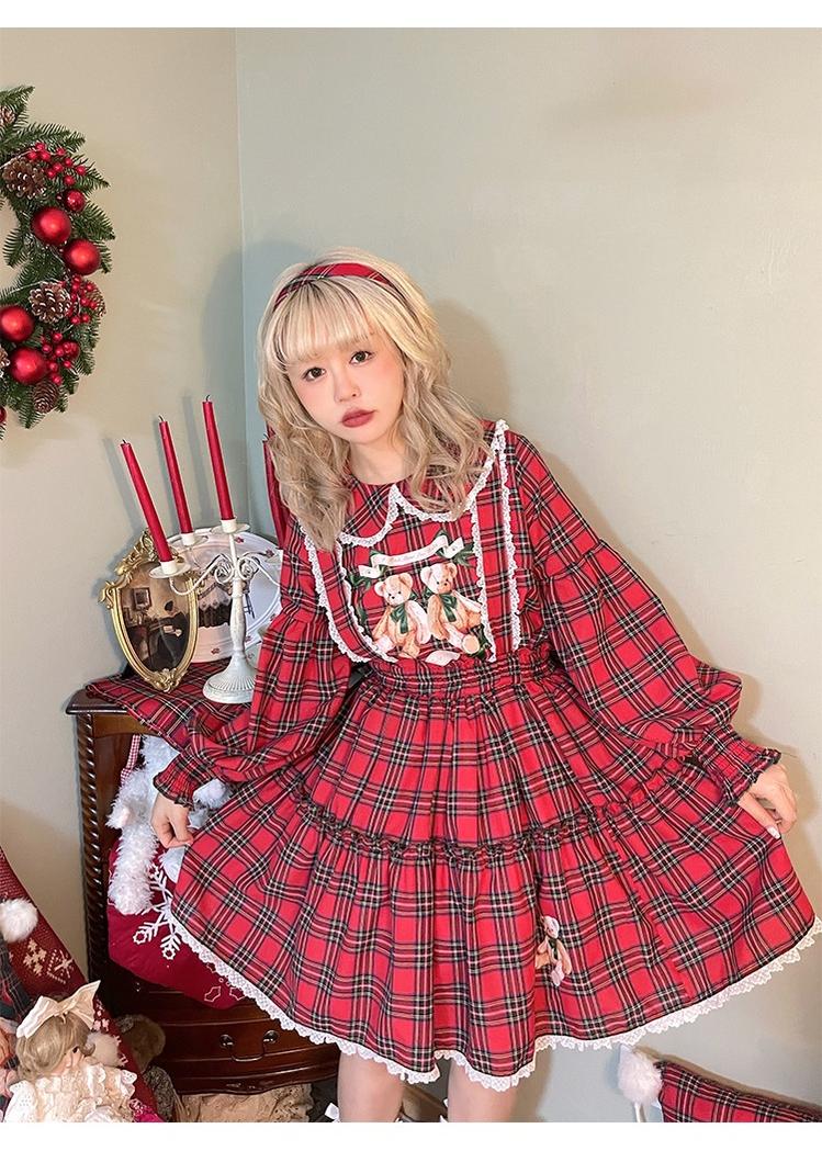 Labeau - Christmas Vintage Lolita Skirts Doll Collar Blouse Plaid Skirt Set