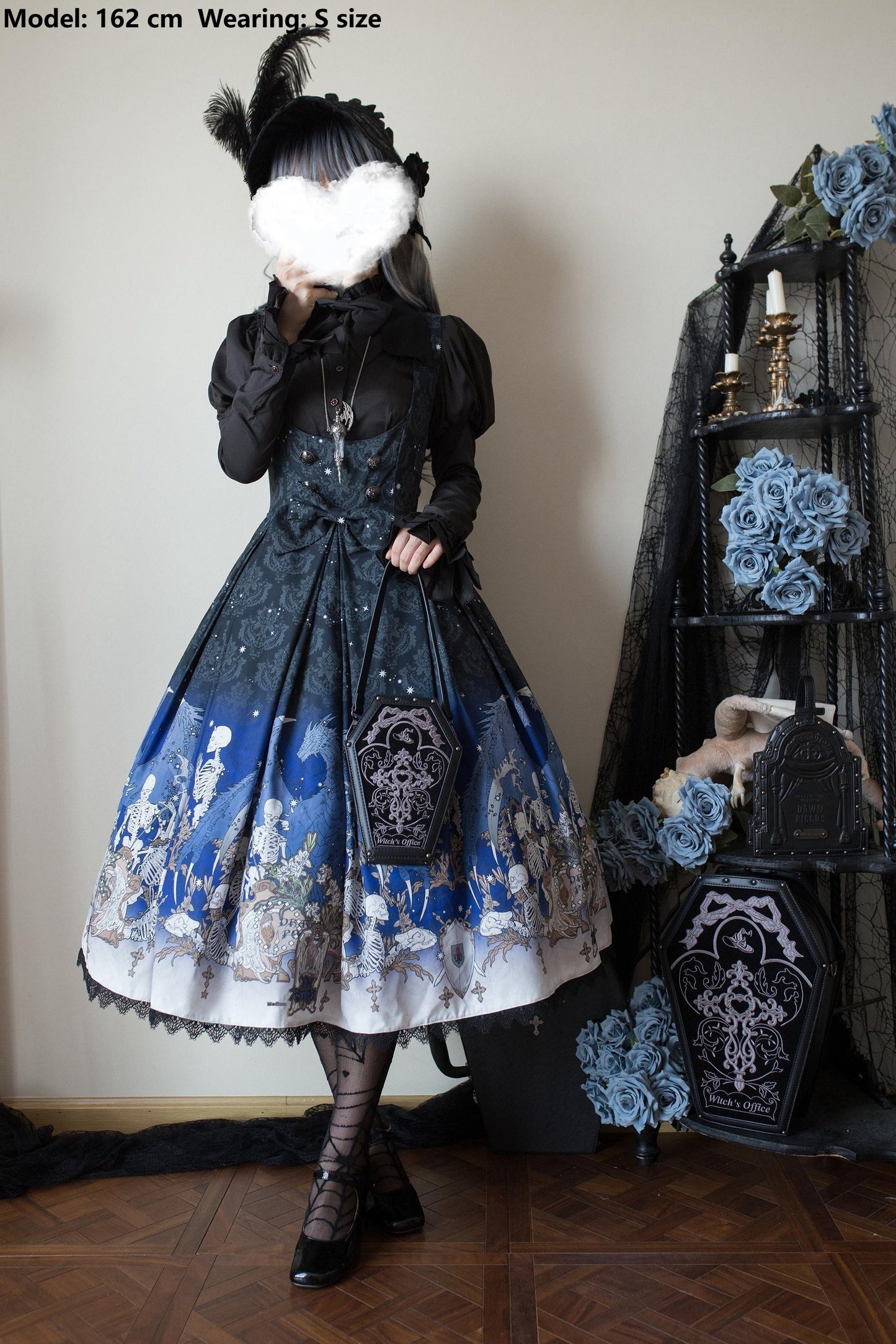 Nn Star - Dragonbone Lily - Dragon Skeleton Print Gothic Lolita Bust-supporting JSK and BNT
